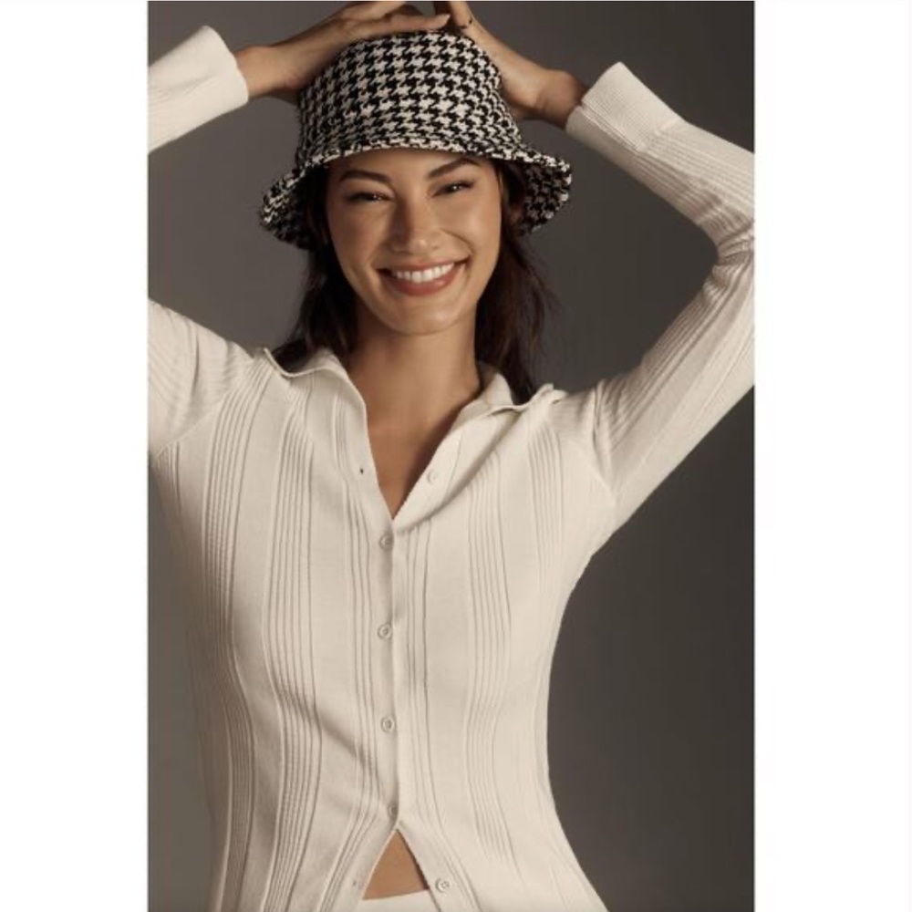 Anthropologie White Ribbed Button-Up Sweater Cardigan